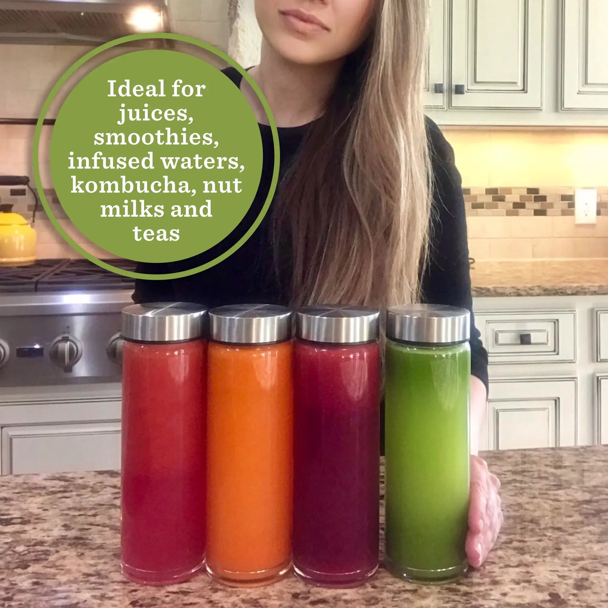 Skinny Series Wide Mouth Glass Bottles Set w/ Stainless Steel Lids