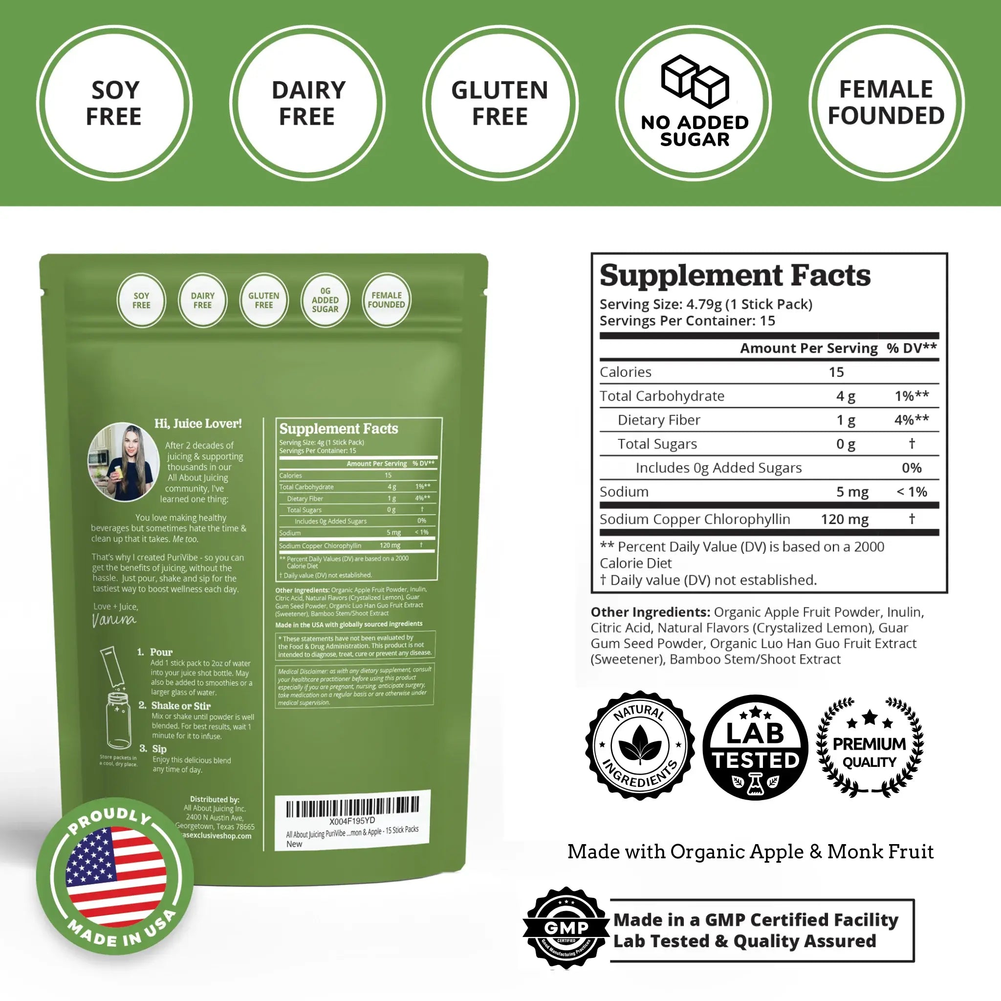 Green supplement package with label, ingredients, and certification logos on a white background about chlorophyll