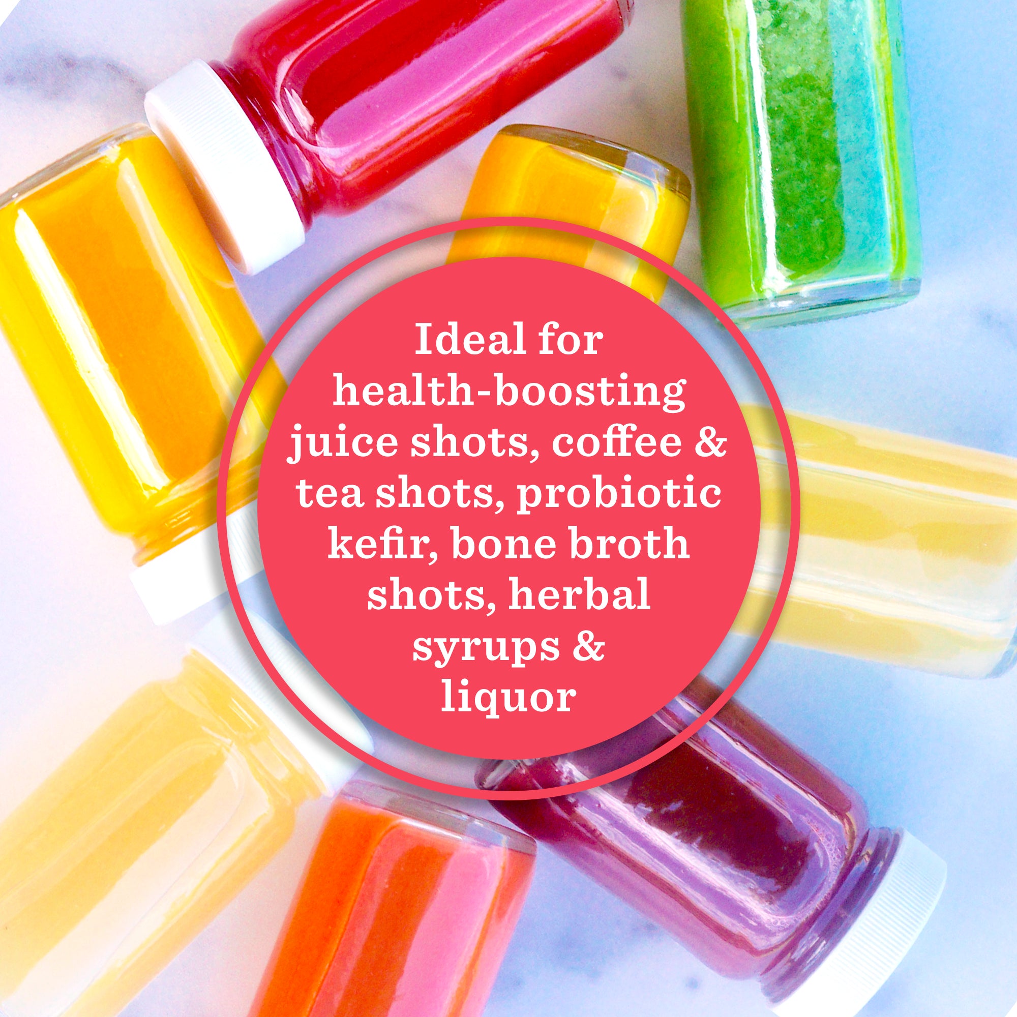 Glass Juice Shot Bottles Set, White Lids