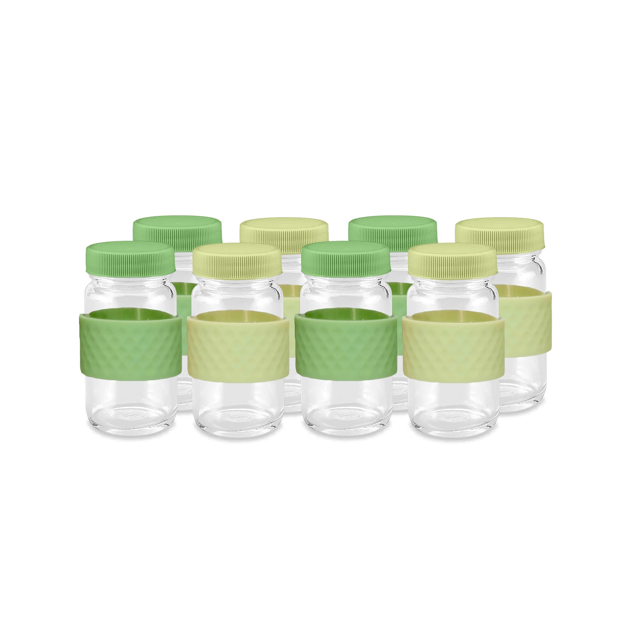 Glass Juice Shot Bottles Set, Colored Lids & Grip Bands