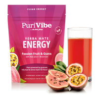 PuriVibe Yerba Mate Energy drink pouch in Passion Fruit & Guava flavor, shown with a glass of pink-red beverage and fruit slices on a white background.