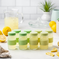 Glass Juice Shot Bottles Set, Colored Lids & Grip Bands