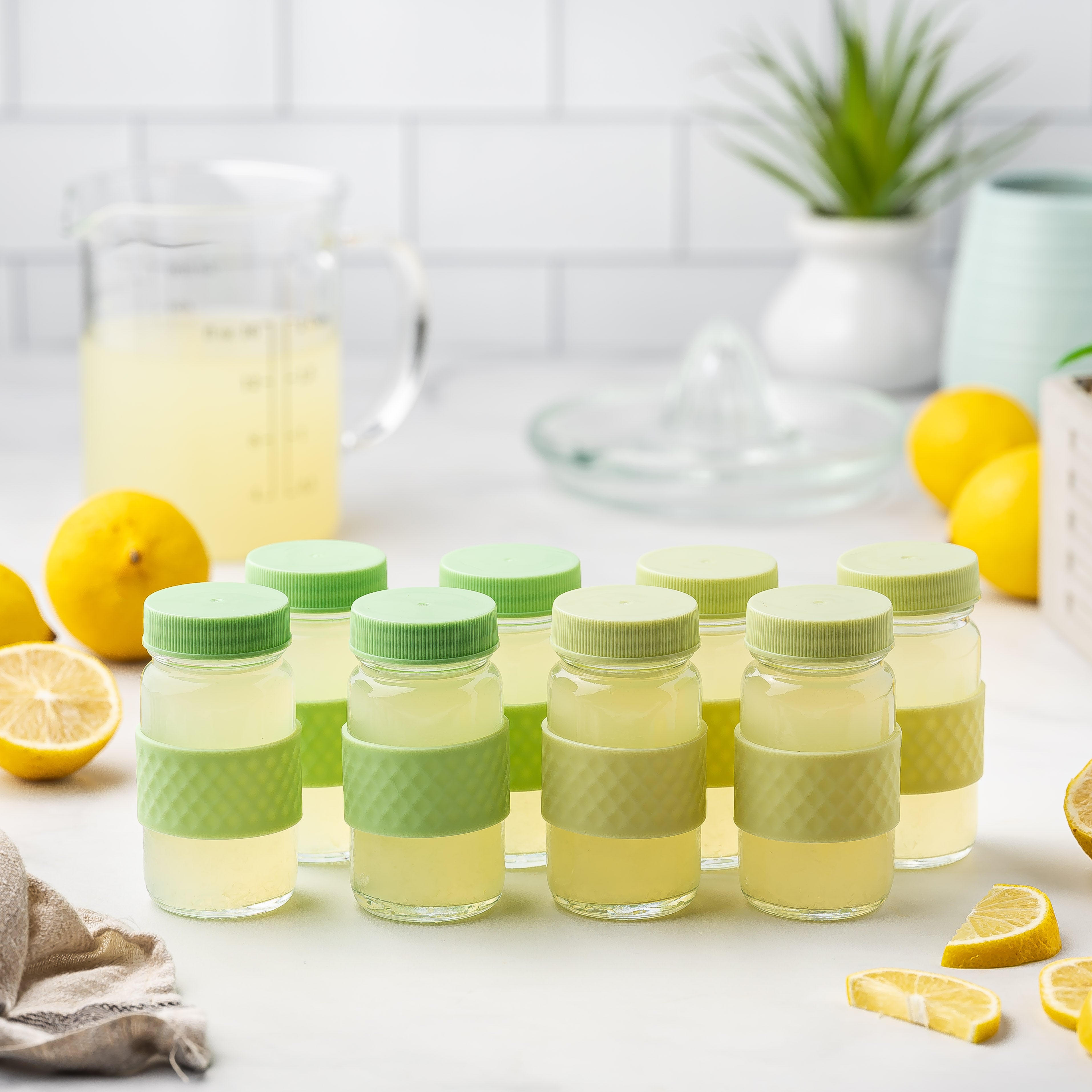 Glass Juice Shot Bottles Set, Colored Lids & Grip Bands