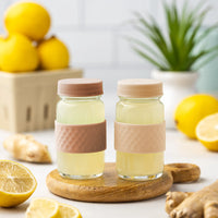 Glass Juice Shot Bottles Set, Colored Lids & Grip Bands