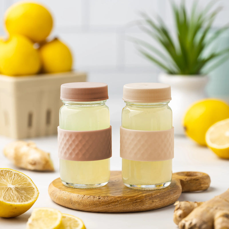 Glass Juice Shot Bottles Set, Colored Lids & Grip Bands