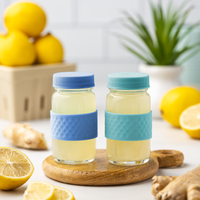 Glass Juice Shot Bottles Set, Colored Lids & Grip Bands