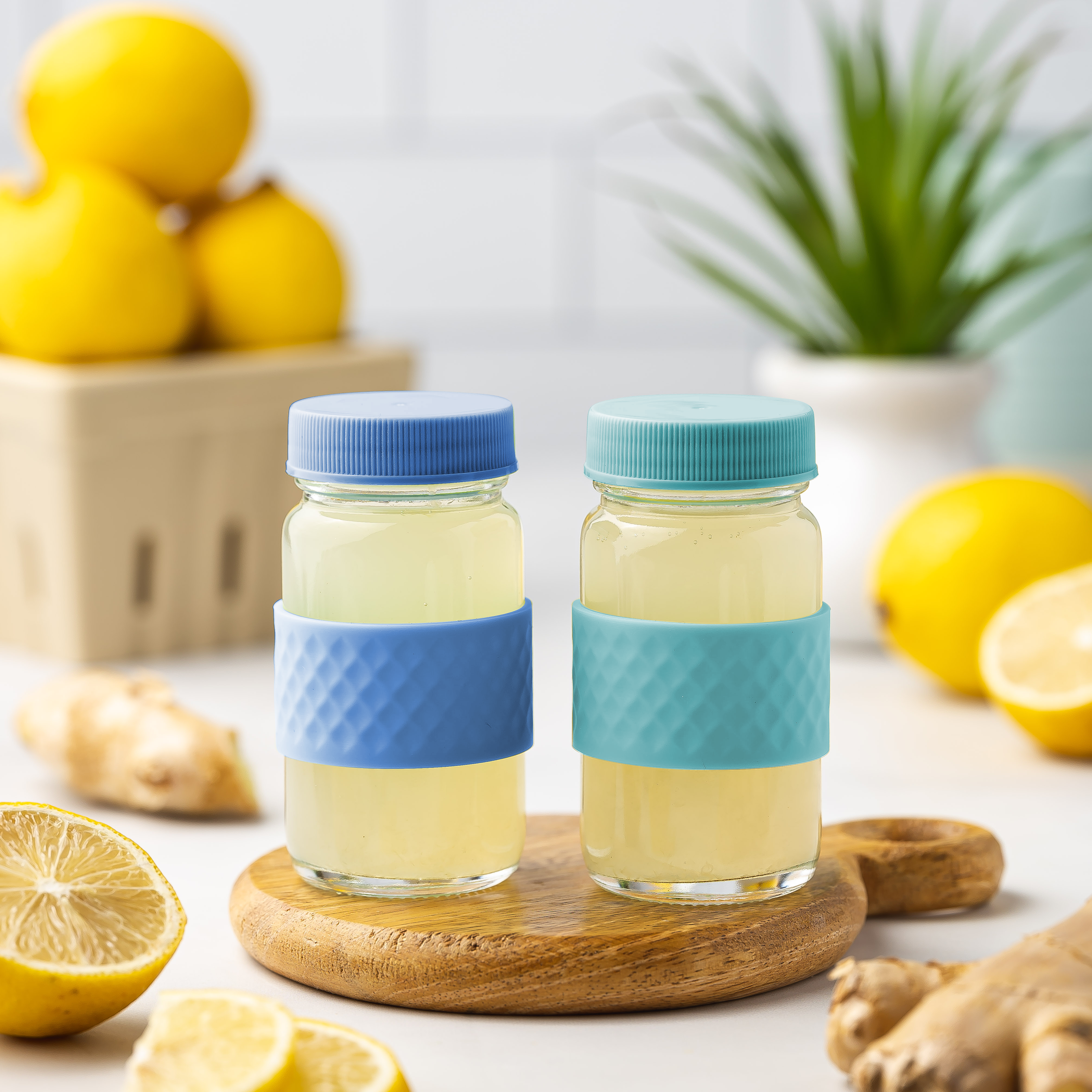 Glass Juice Shot Bottles Set, Colored Lids & Grip Bands