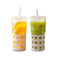 Glass Drink Tumblers with Lid, Straw & Silicone Sleeve