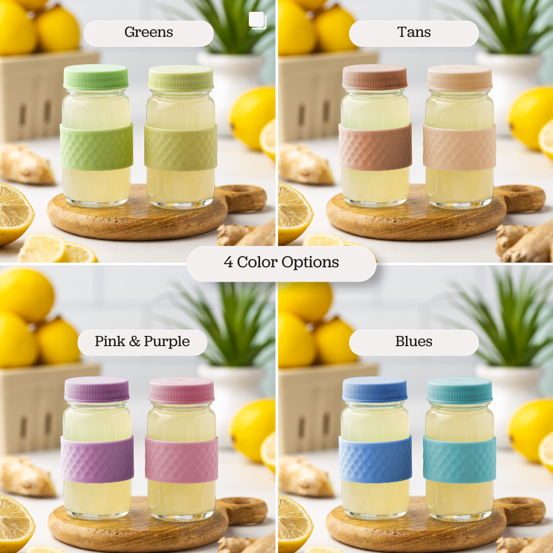 Glass Juice Shot Bottles Set, Colored Lids & Grip Bands