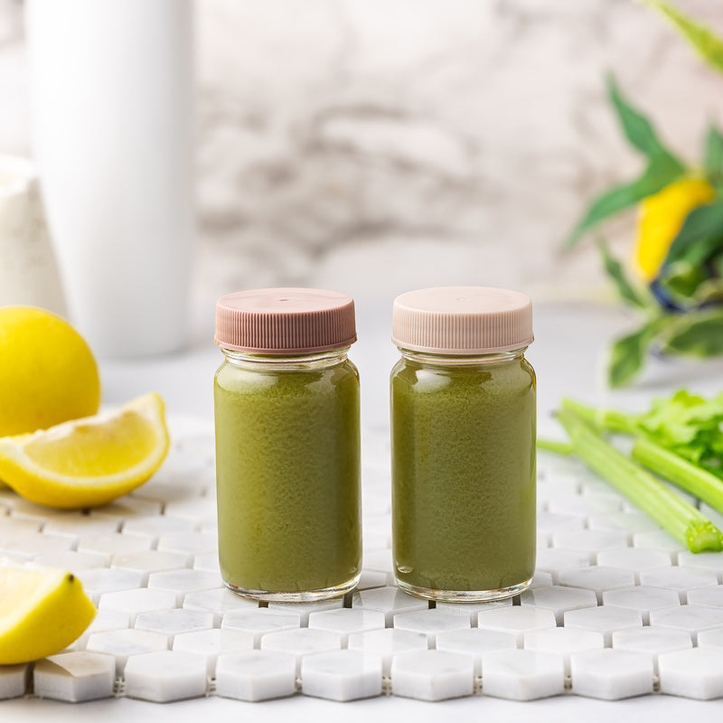 Glass Juice Shot Bottles Set, Colored Lids & Grip Bands