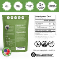 Green supplement package with label, ingredients, and certification logos on a white background about chlorophyll