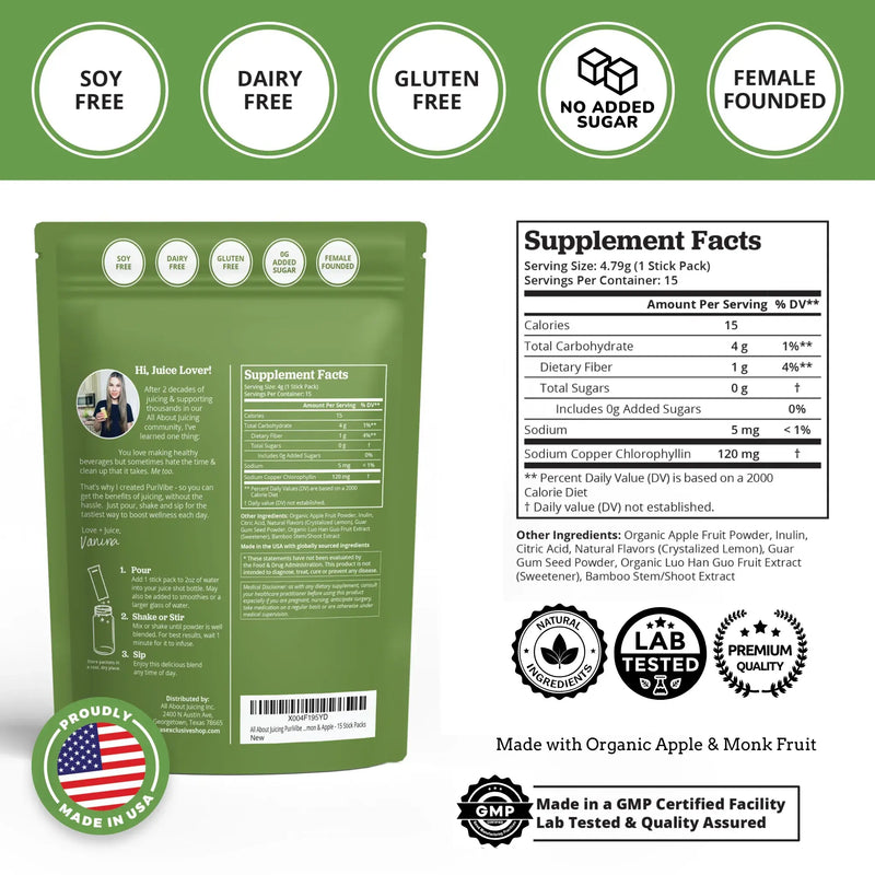 Green supplement package with label, ingredients, and certification logos on a white background about chlorophyll