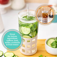 Glass Drink Tumblers with Lid, Straw & Silicone Sleeve