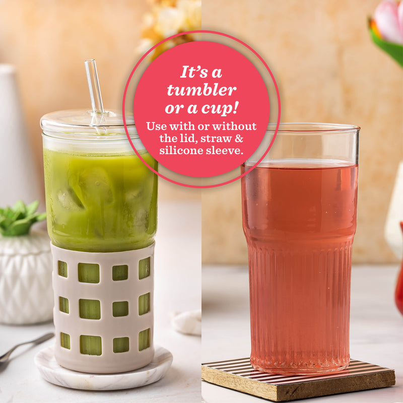 Glass Drink Tumblers with Lid, Straw & Silicone Sleeve