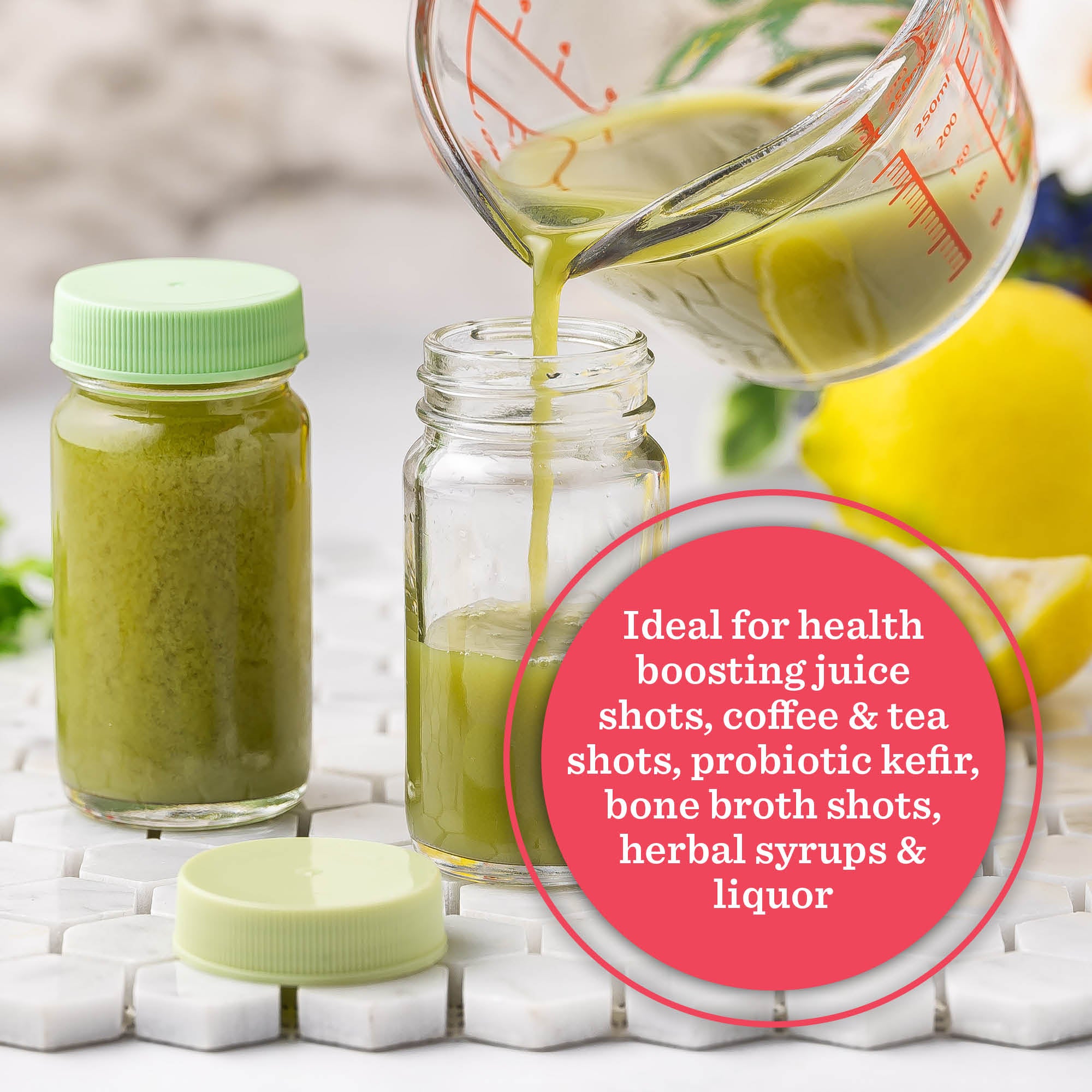 Glass Juice Shot Bottles Set, Colored Lids & Grip Bands