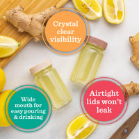 Glass Juice Shot Bottles Set, Colored Lids & Grip Bands