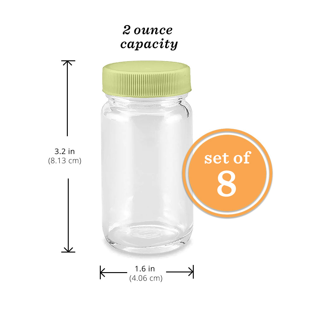 Glass Juice Shot Bottles Set, Colored Lids & Grip Bands