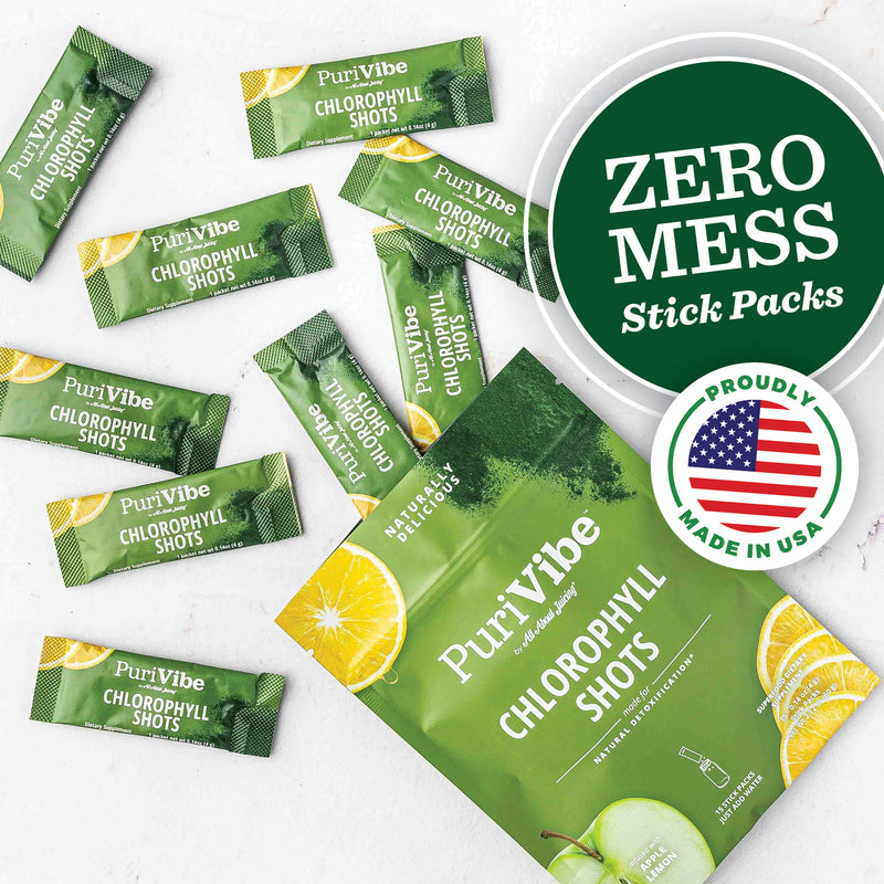 PuriVibe Chlorophyll Shots packaging with lemon illustration and 'Zero Mess' stick packs label and 'made in usa' label