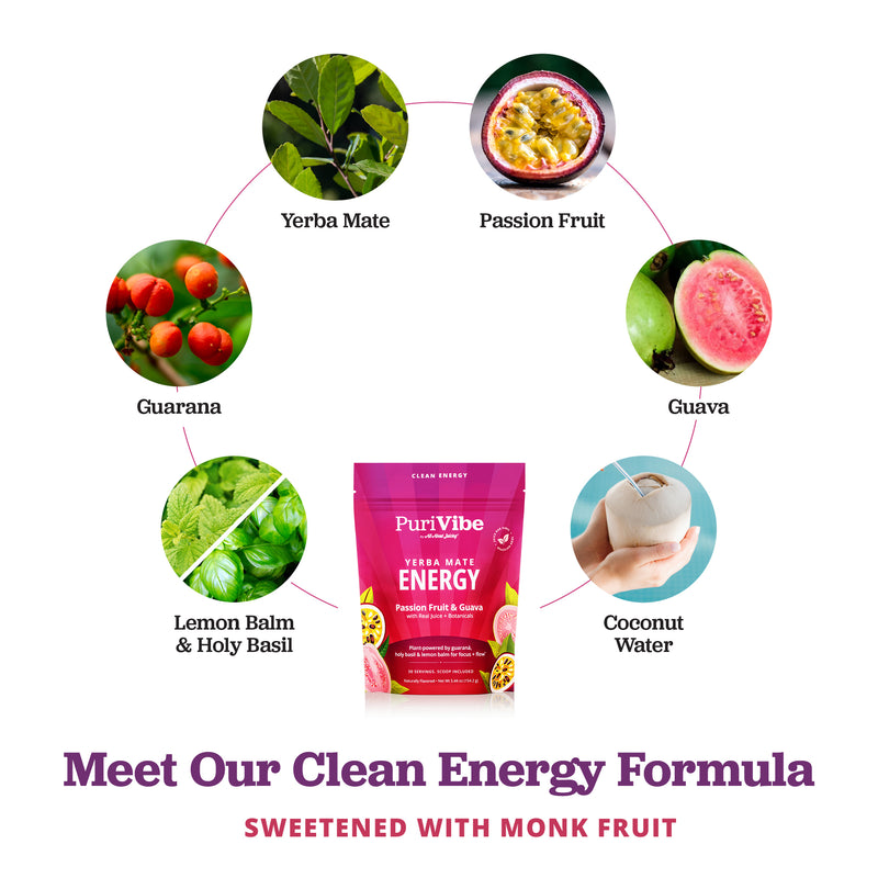 A product infographic for PuriVibe yerba Mate Energy. The central product is a pink pouch of the energy drink mix, surrounded by circular images of its ingredients: yerba mate leaves, passion fruit, guava, lemon balm and holy basil, and coconut water.