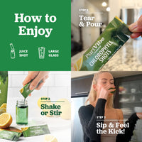 Instructions on how to enjoy Chlorophyll shots with a person drinking from a glass.