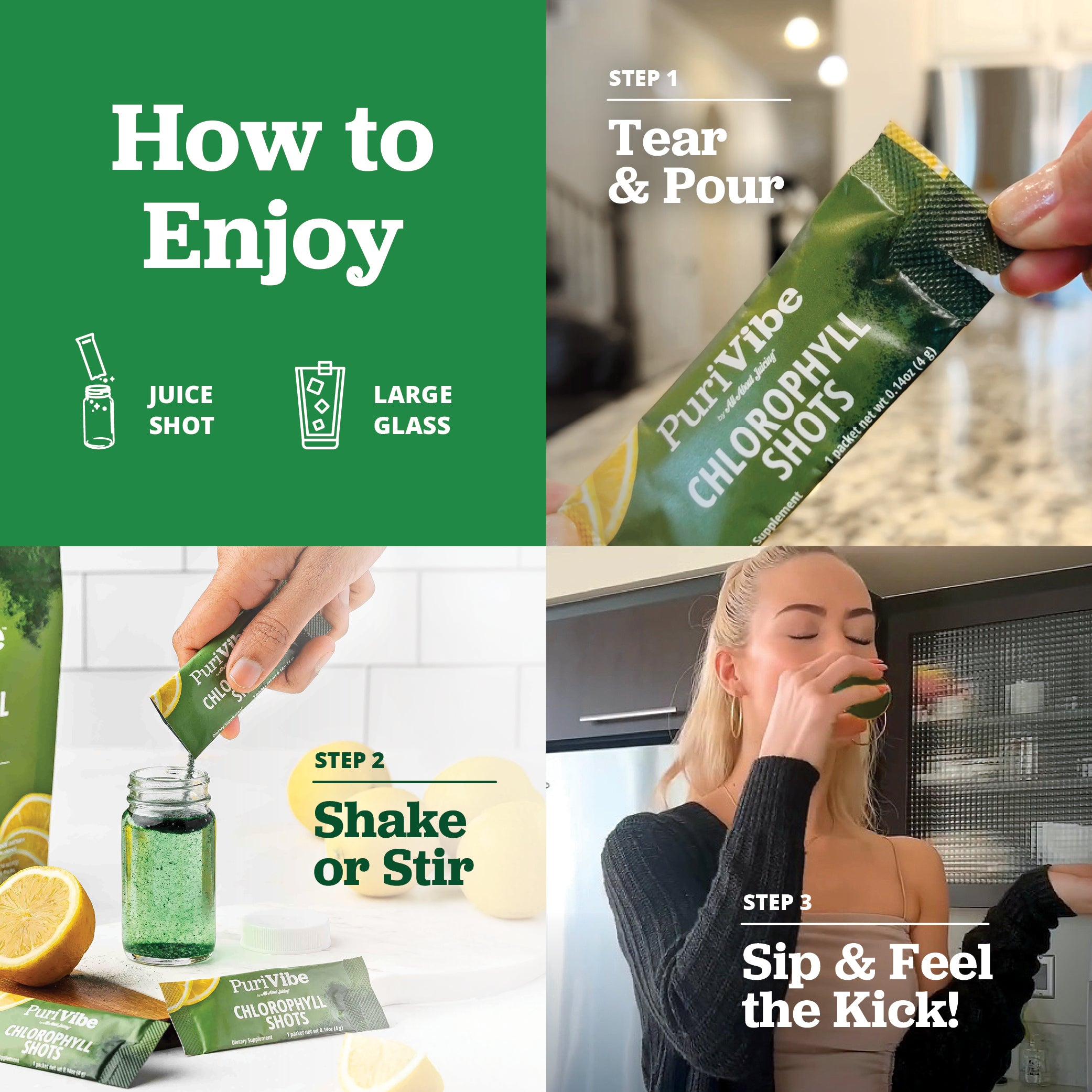 Instructions on how to enjoy Chlorophyll shots with a person drinking from a glass.