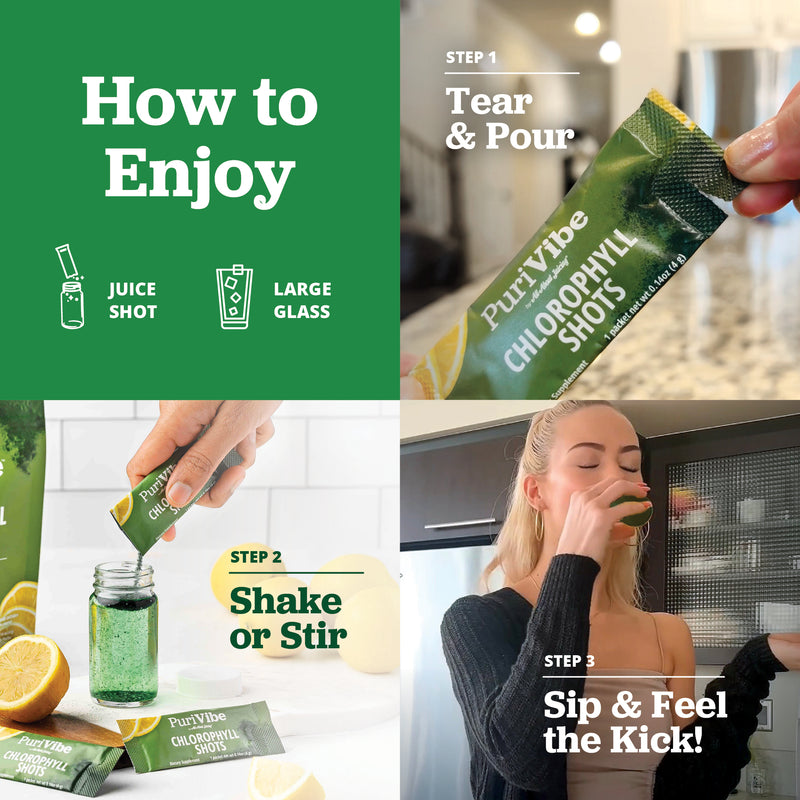 Instructions on how to enjoy Chlorophyll shots with a person drinking from a glass.