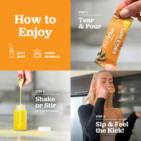Instructions on how to enjoy a Purvibe ginger shot with images of pouring, shaking, and drinking.