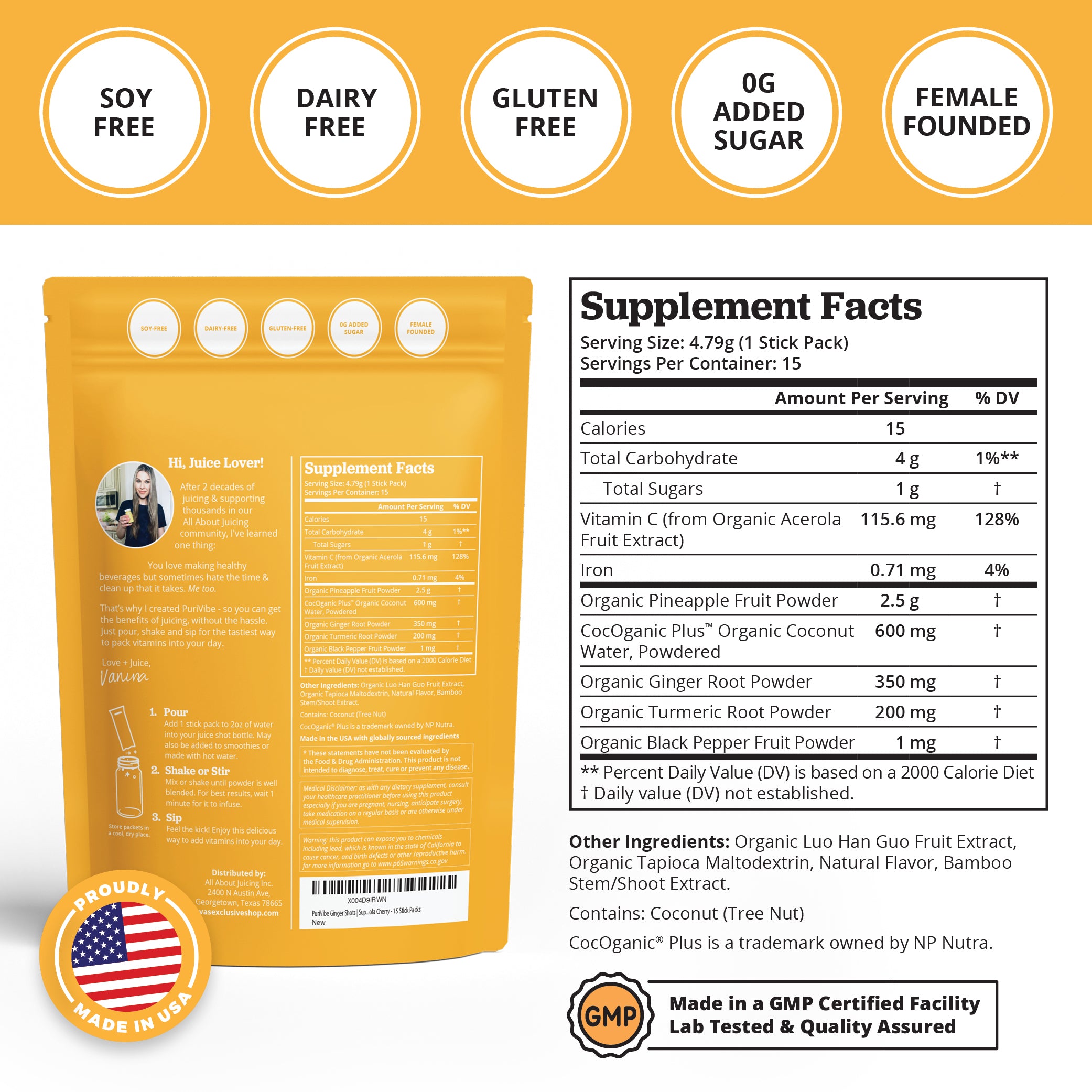 Supplement package with nutritional information and branding details on a yellow background