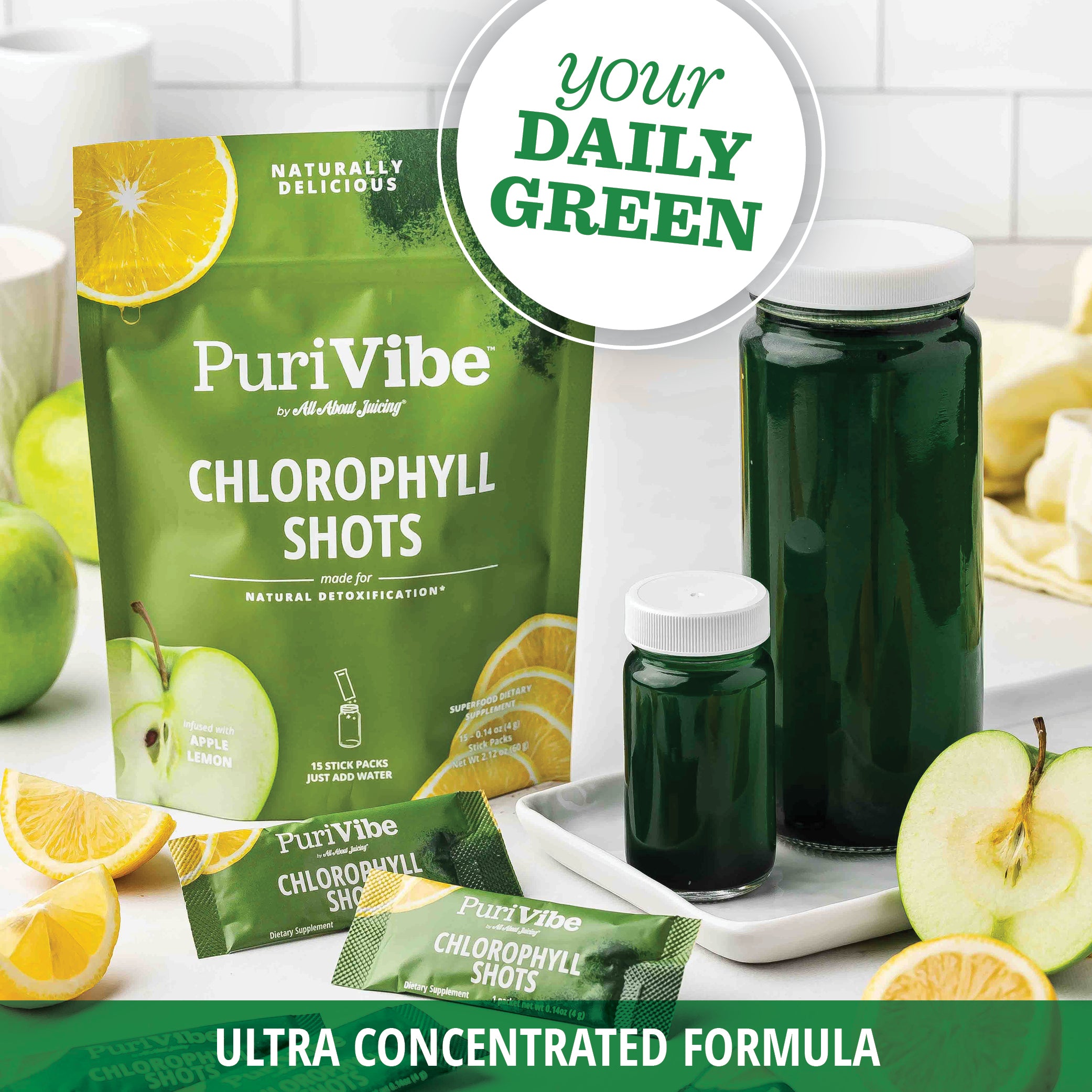 PuriVibe Chlorophyll Shots packaging with green juice bottles and fruits on a white background