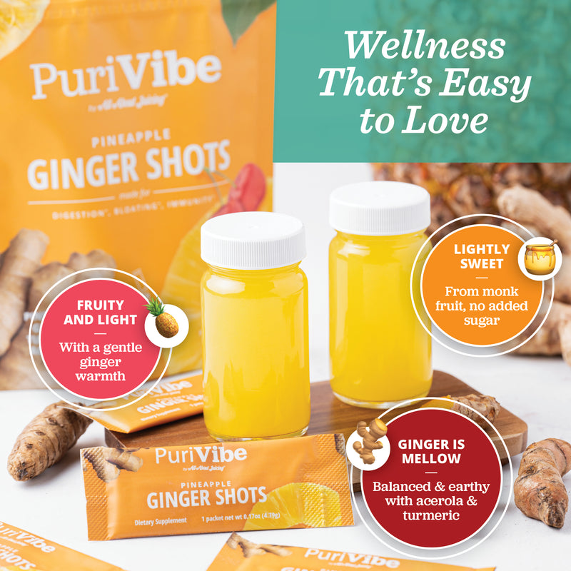 PuriVibe Pineapple Ginger Shots packaging with ingredients on a white background, mellow ginger flavor, fruity and light, no added sugar