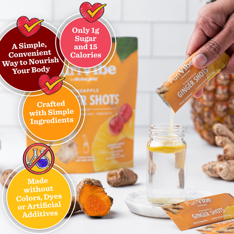 PurVive Ginger Shots packaging with a hand pouring shots into a glass, surrounded by ingredients, only 1g sugar, made without dyes or artificial additives
