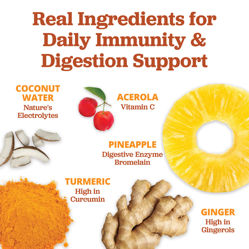 Real ingredients for daily immunity and digestion support with images and text labels.