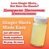 Ginger shot bottle with text highlighting convenience and ease of use on an orange background