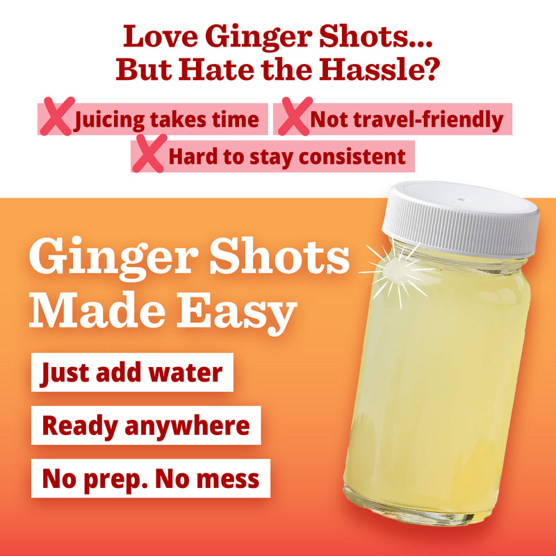 Ginger shot bottle with text highlighting convenience and ease of use on an orange background
