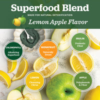 Superfood blend packaging with lemon, apple, and green powder on a white background