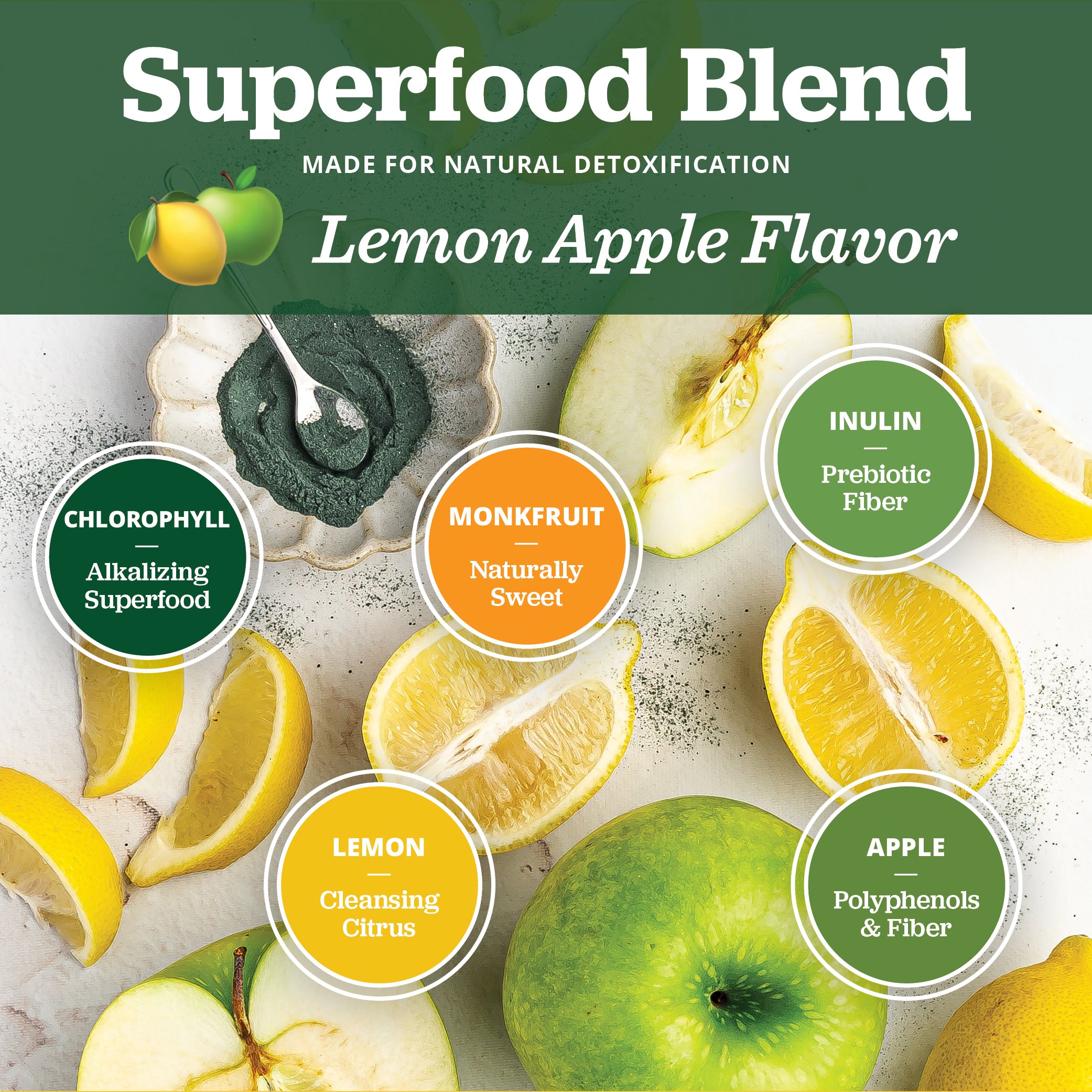 Superfood blend packaging with lemon, apple, and green powder on a white background