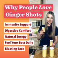 Vanessa Simkins holding ginger shots with text about ginger shots benefits on an orange background