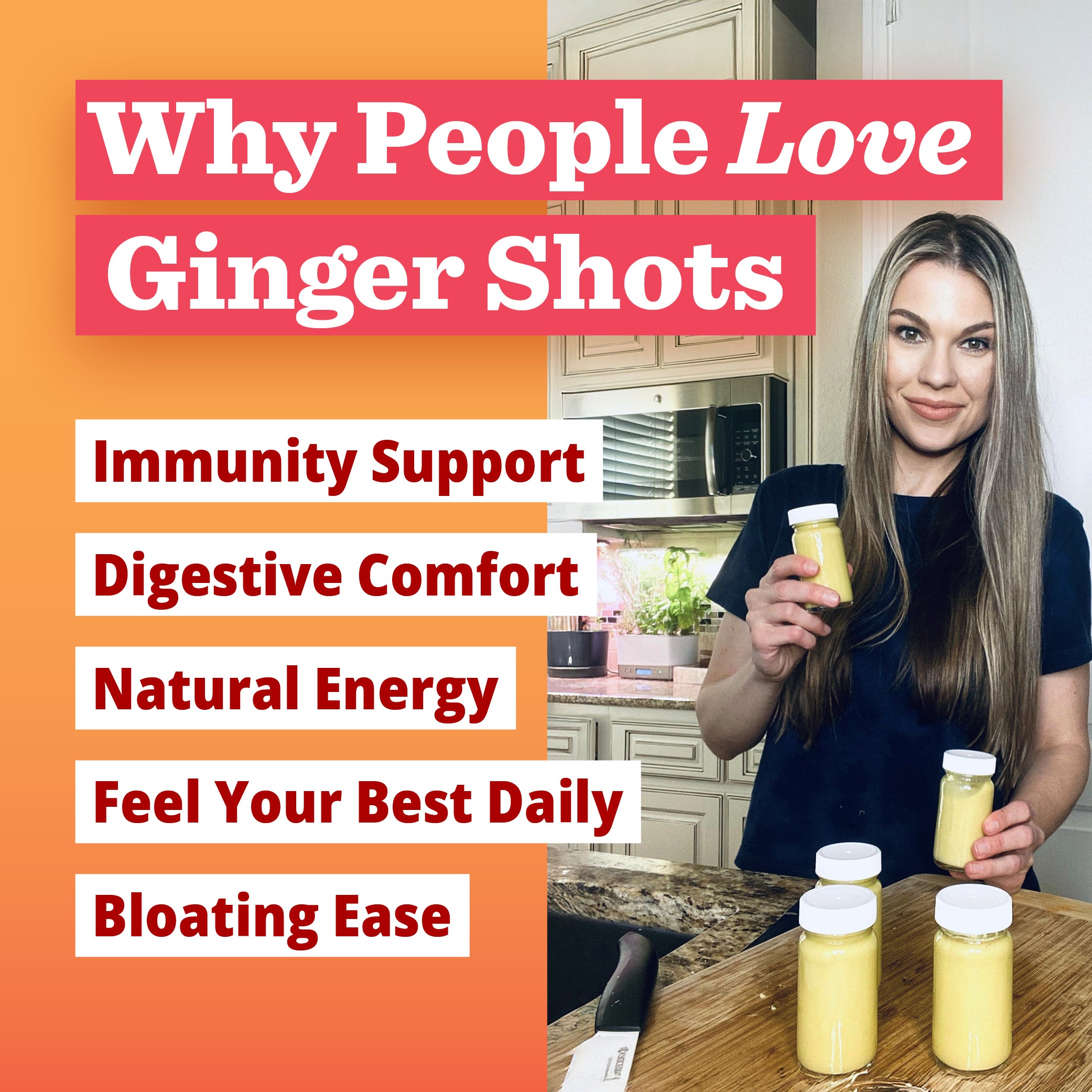 Vanessa Simkins holding ginger shots with text about ginger shots benefits on an orange background