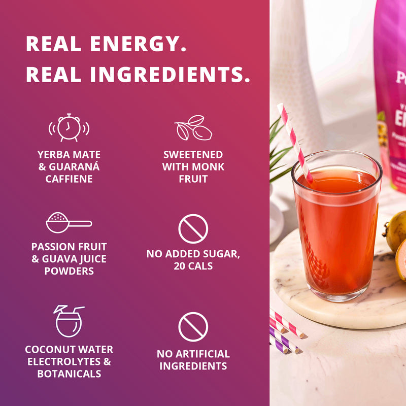 Promotional graphic for a yerba mate and guaraná coffee powder drink. The left side features a magenta background with white text detailing ingredients and benefits, including yerba mate, guaraná caffeine, monk fruit sweetener, passion fruit, guava juice powders, 0g sugar, 20 cal, coconut water electrolytes, and no artificial ingredients.