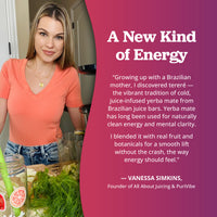 A promotional graphic with a woman in a kitchen on the left and a large magenta text panel on the right reading 'A New Kind of Energy' with a quote from Vanessa Simkins. Blending ingredients and a jar are visible in the foreground.