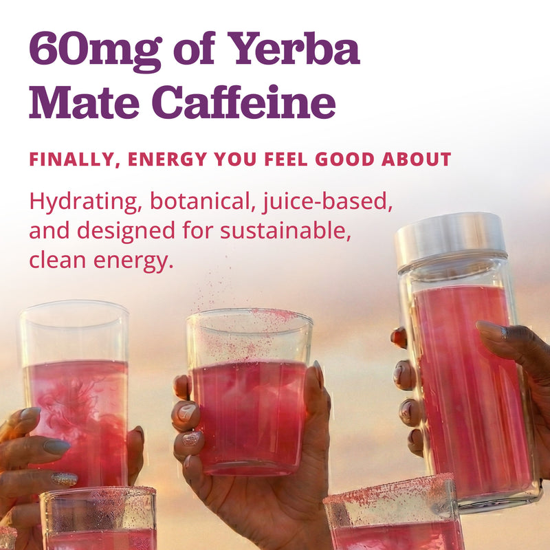 Promotional graphic for yerba mate caffeine, showing several hands holding clear glasses and a clear bottle filled with pink liquid against a soft warm-toned background, with large text reading '60mg of Yerba Mate Caffeine' and additional marketing copy.
