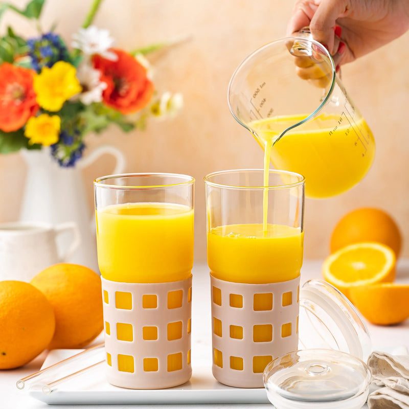 Glass Drink Tumblers with Lid, Straw & Silicone Sleeve